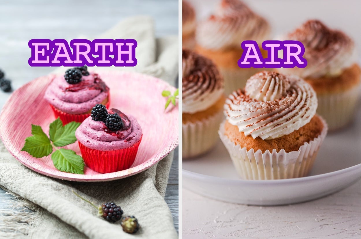 Two sets of cupcakes: "Earth" has blackberry-topped cupcakes; "Air" has cupcakes with whipped cream and a dusting of cocoa