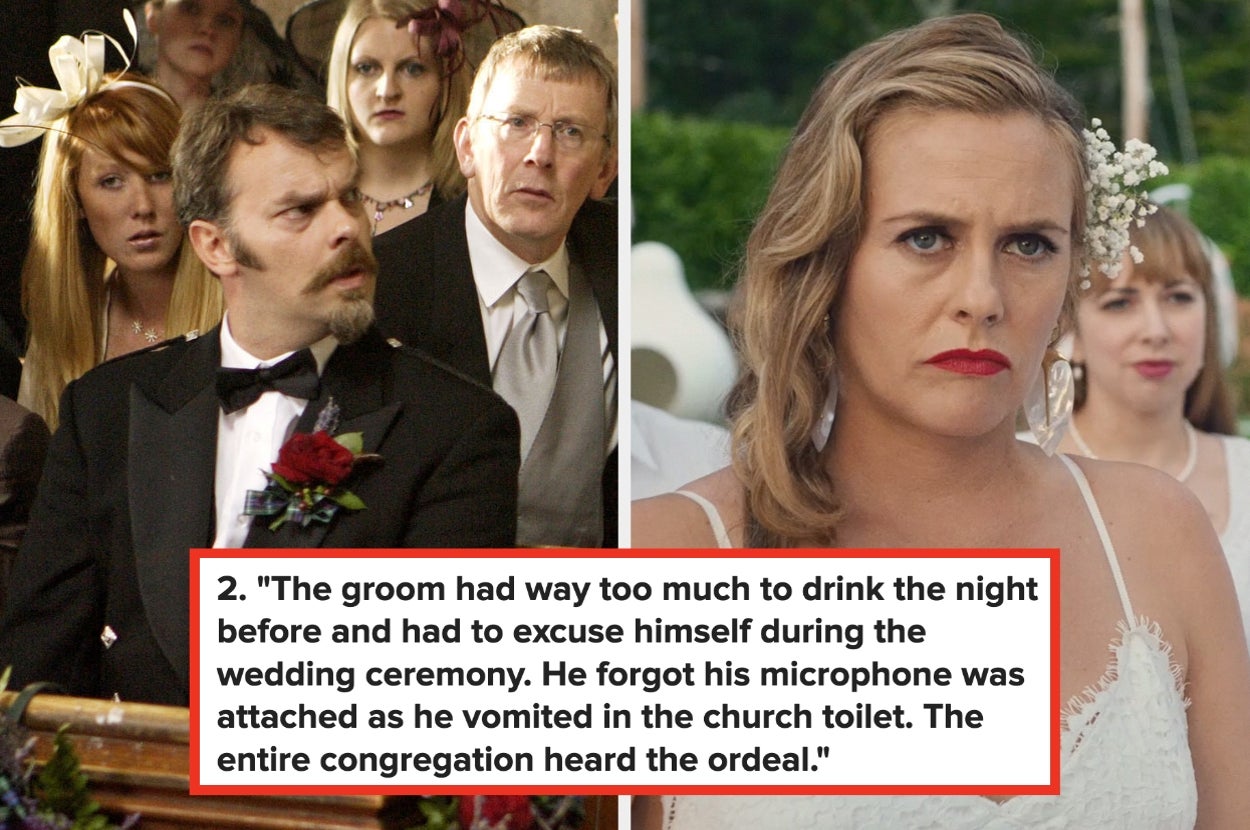 Split image: Left shows shocked wedding guests; right shows a frustrated bride. Text recounts a groom's embarrassing microphone mishap at his wedding