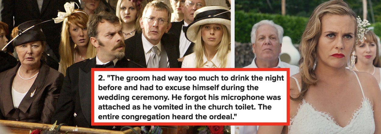 Split image: Left shows shocked wedding guests; right shows a frustrated bride. Text recounts a groom's embarrassing microphone mishap at his wedding