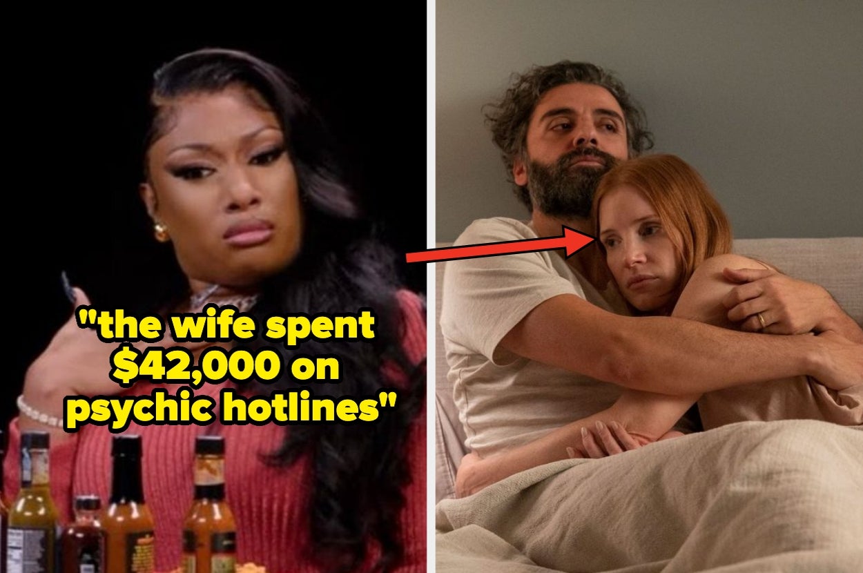 A split image: Left shows a woman reacting humorously on TV; right depicts two people cuddling in bed, one with a thoughtful expression