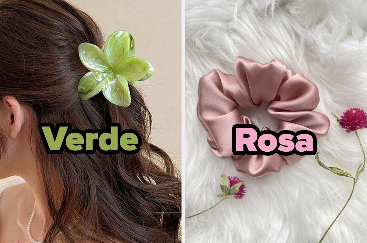 Hair accessories: Left shows a green flower-shaped clip in brown hair. Right is a pink scrunchie on a white surface with small flowers