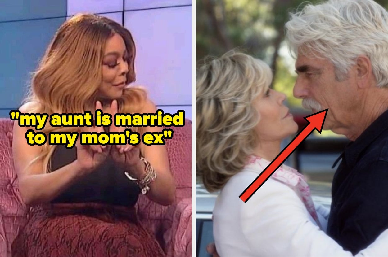 Split image: Left shows a woman gesturing with one finger. Right shows an older couple embracing, arrow pointing to the man. Text: "my aunt is married to my mom's ex."