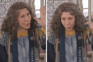Person animatedly speaking, wearing a colorful layered outfit with a patterned jacket and overalls, in front of a whiteboard with math equations