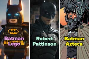 Tres versiones de Batman: Lego, Robert Pattinson en traje oscuro y Batman Azteca ilustrado con detalles históricos