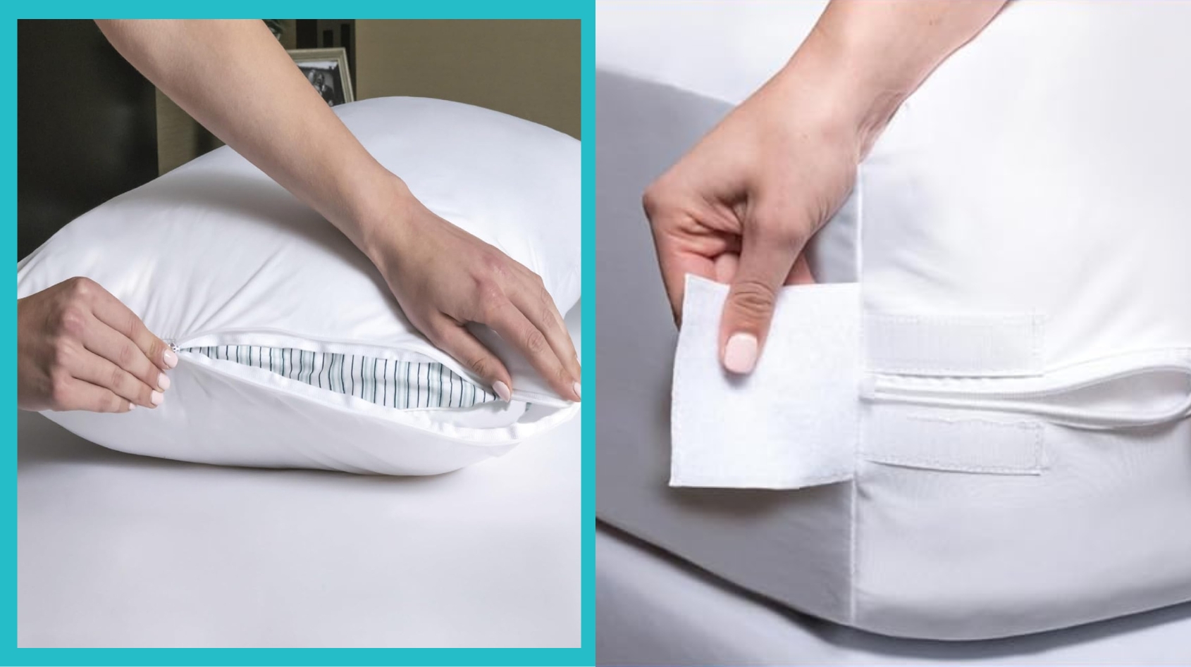 Hands adjusting a pillow with a removable, stripe-patterned cover, showcasing convenient zip and Velcro closures. Ideal for home comfort shopping