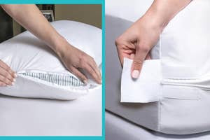 Hands adjusting a pillow with a removable, stripe-patterned cover, showcasing convenient zip and Velcro closures. Ideal for home comfort shopping