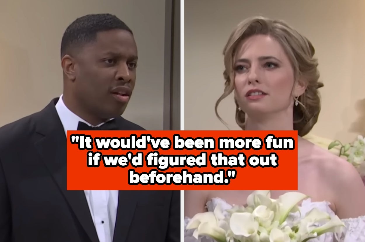 Split image of a groom and bride with a quote overlaid: "It would've been more fun if we'd figured that out beforehand."