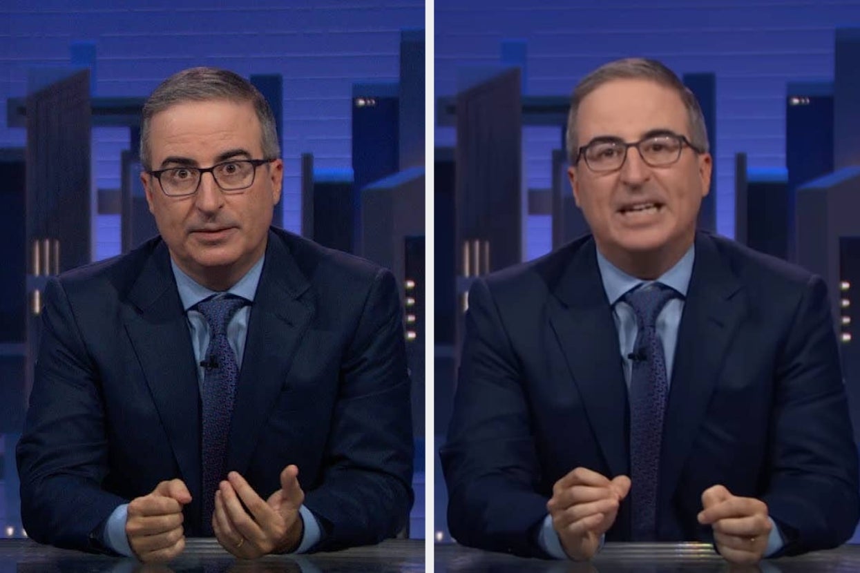 John Oliver in a suit and tie is sitting at a news desk speaking, with two similar images side by side