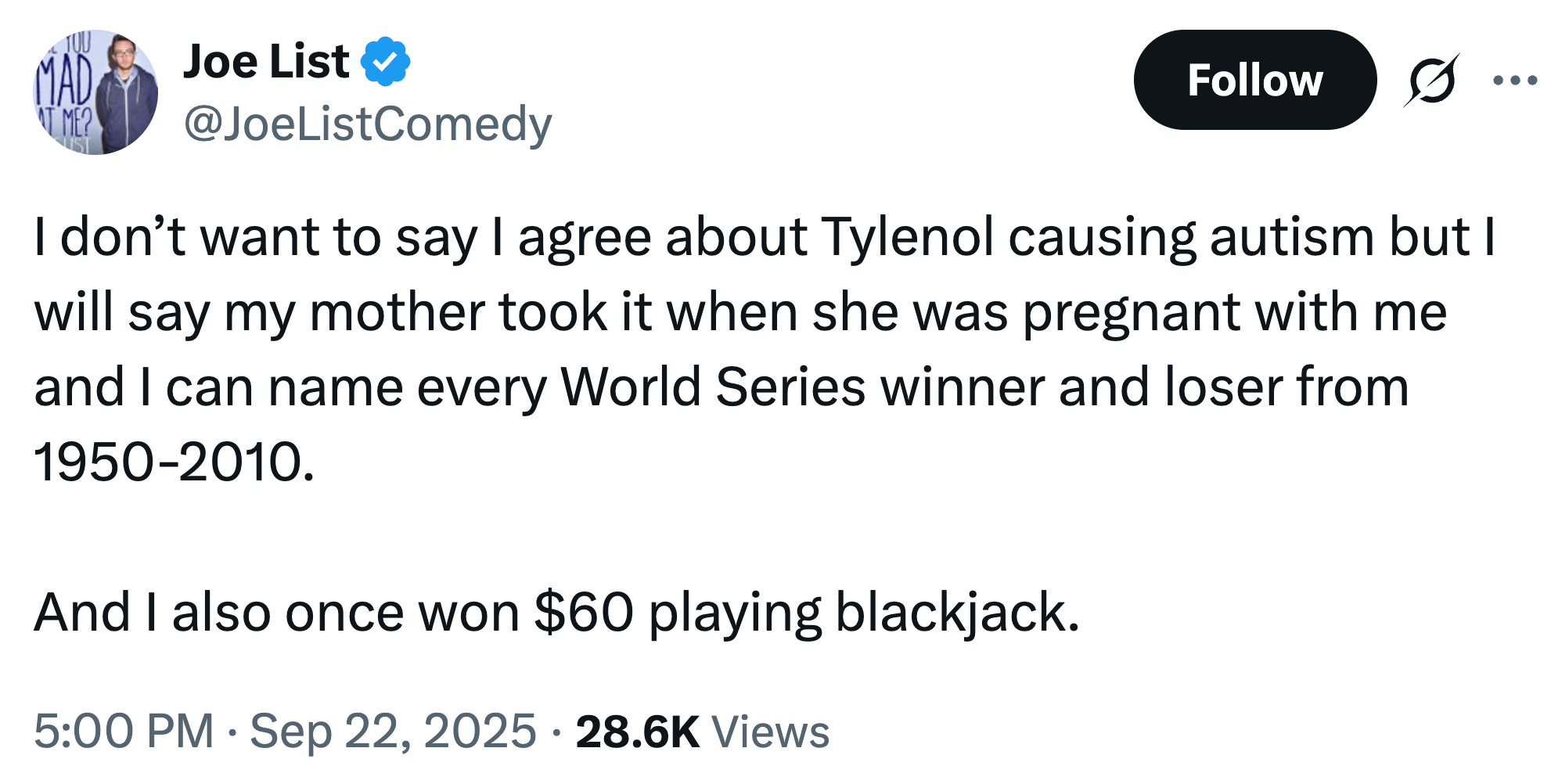 Skjermbilde av en tweet av Joe List Å spøke med Tylenol og Memory, nevne hver World Series -vinner og vinne $ 60 som spiller Blackjack