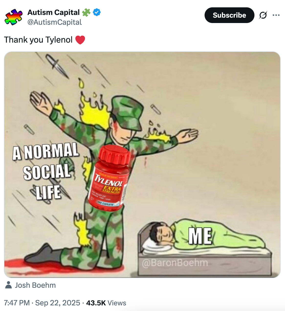 Et meme viser en soldat merket & quot; Tylenol & quot; beskytte et sovende barn merket & quot; meg & quot; fra eksplosjoner merket & quot; et normalt sosialt liv. & quot;