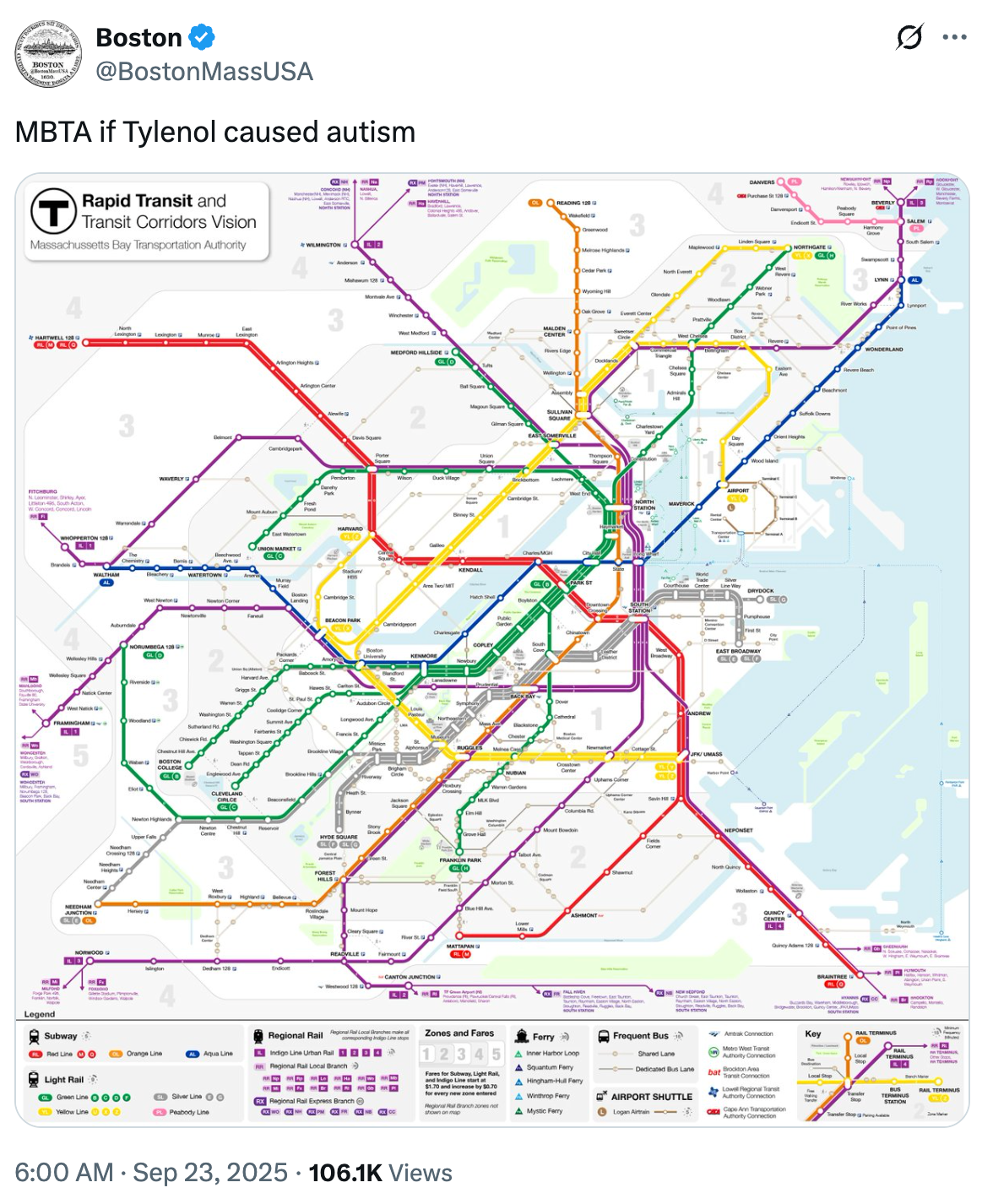 MBTA -kart med endrede transittlinjer og humoristisk bildetekst som refererer til Tylenol og autisme