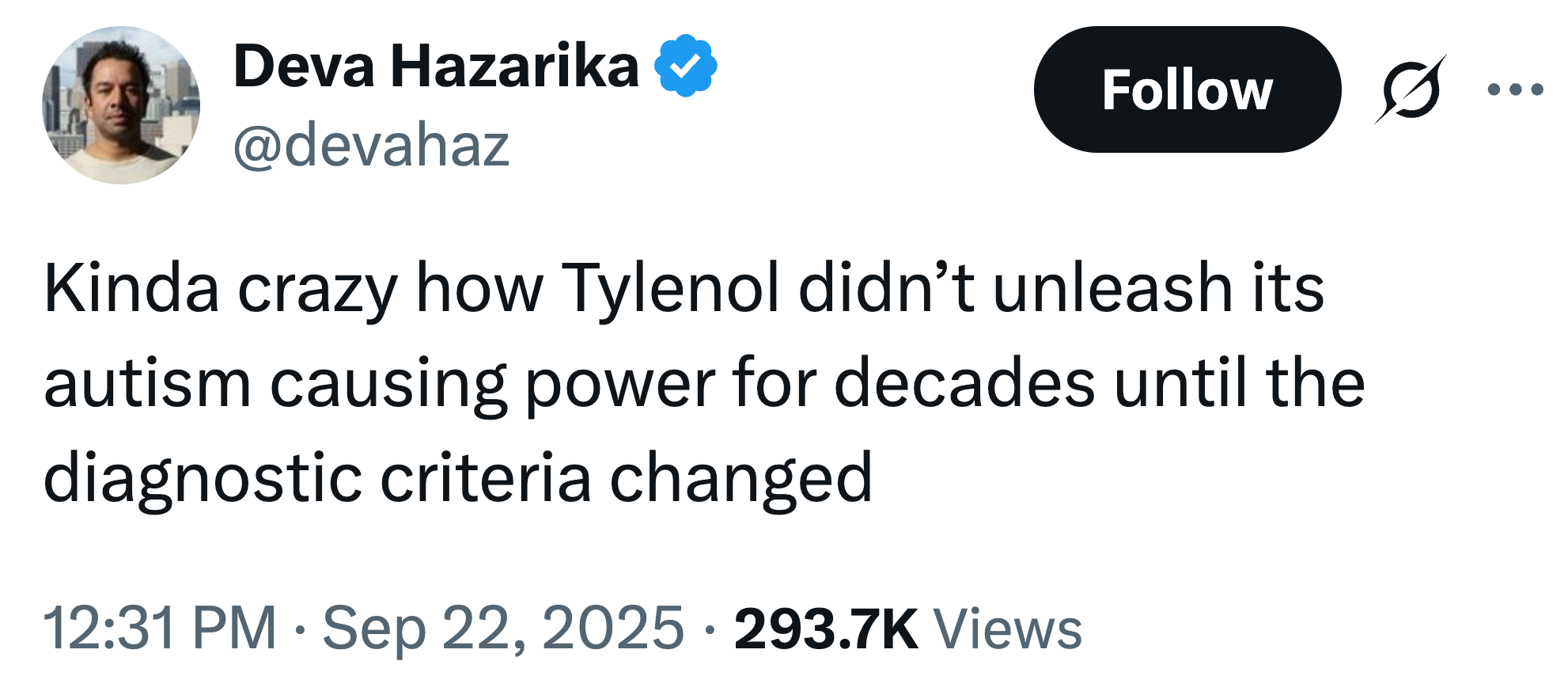 Tweet stiller spørsmål ved en kobling mellom Tylenol og Autism, og legger merke til diagnostiske kriterier endringer