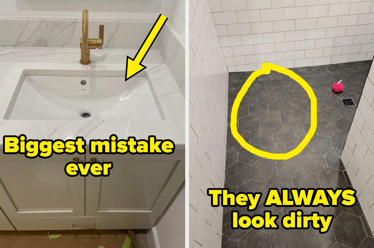 Split image showing a rectangular sink, text: "Biggest mistake ever"; and a gray hexagonal tiled floor with a caption on tiles looking dirty