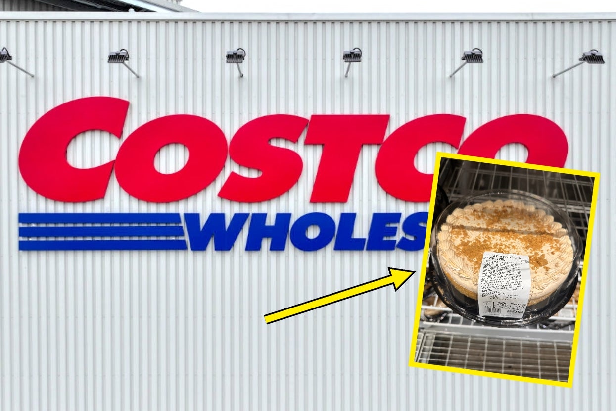 Costco Wholesale with arrow pointing to a large pie topped with cream and cinnamon, placed in a shopping cart
