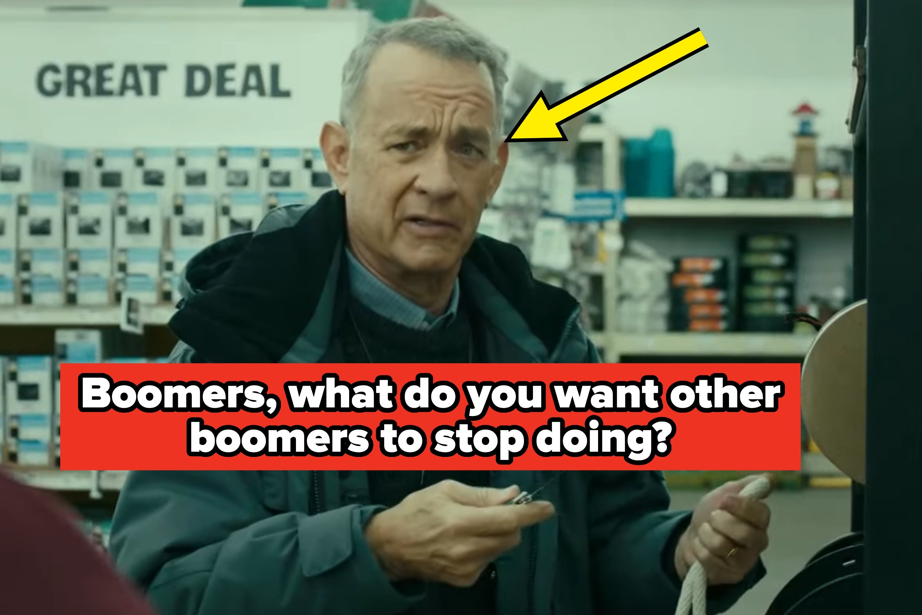 Man holding rope in a store with text: "Boomers, what do you want other Boomers to stop doing?"