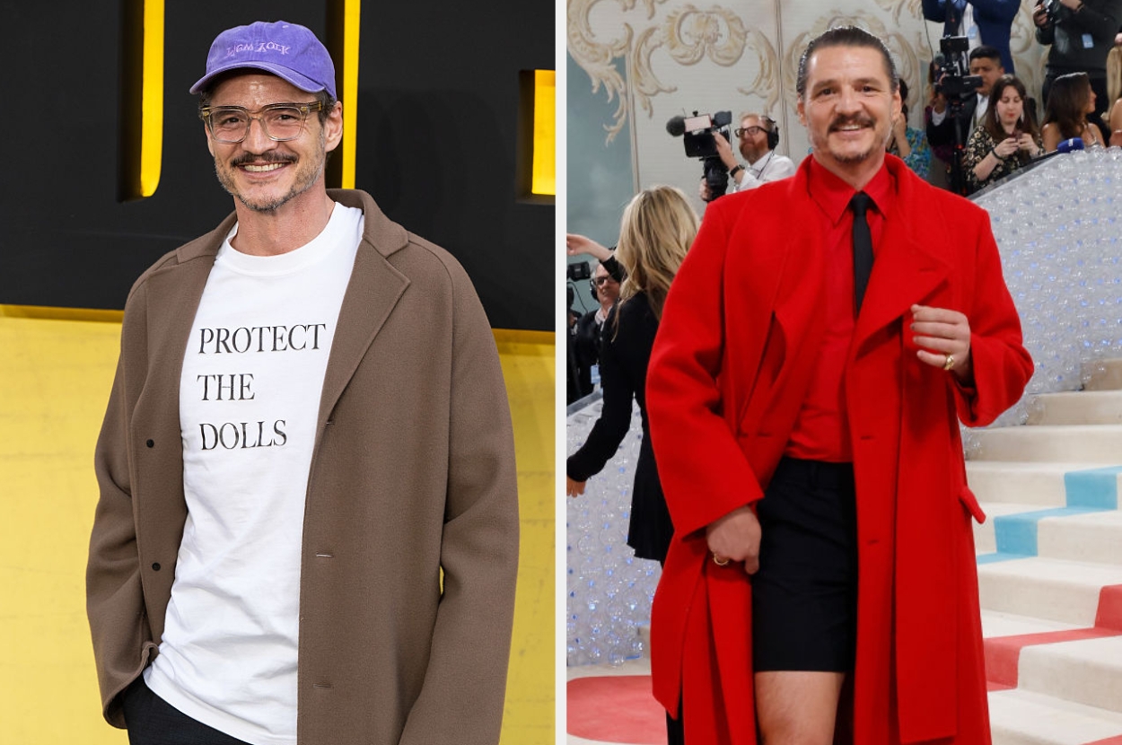 Two images: Left, a man in a casual t-shirt and jacket at an event. Right, the same man in a formal coat and shorts on a red carpet
