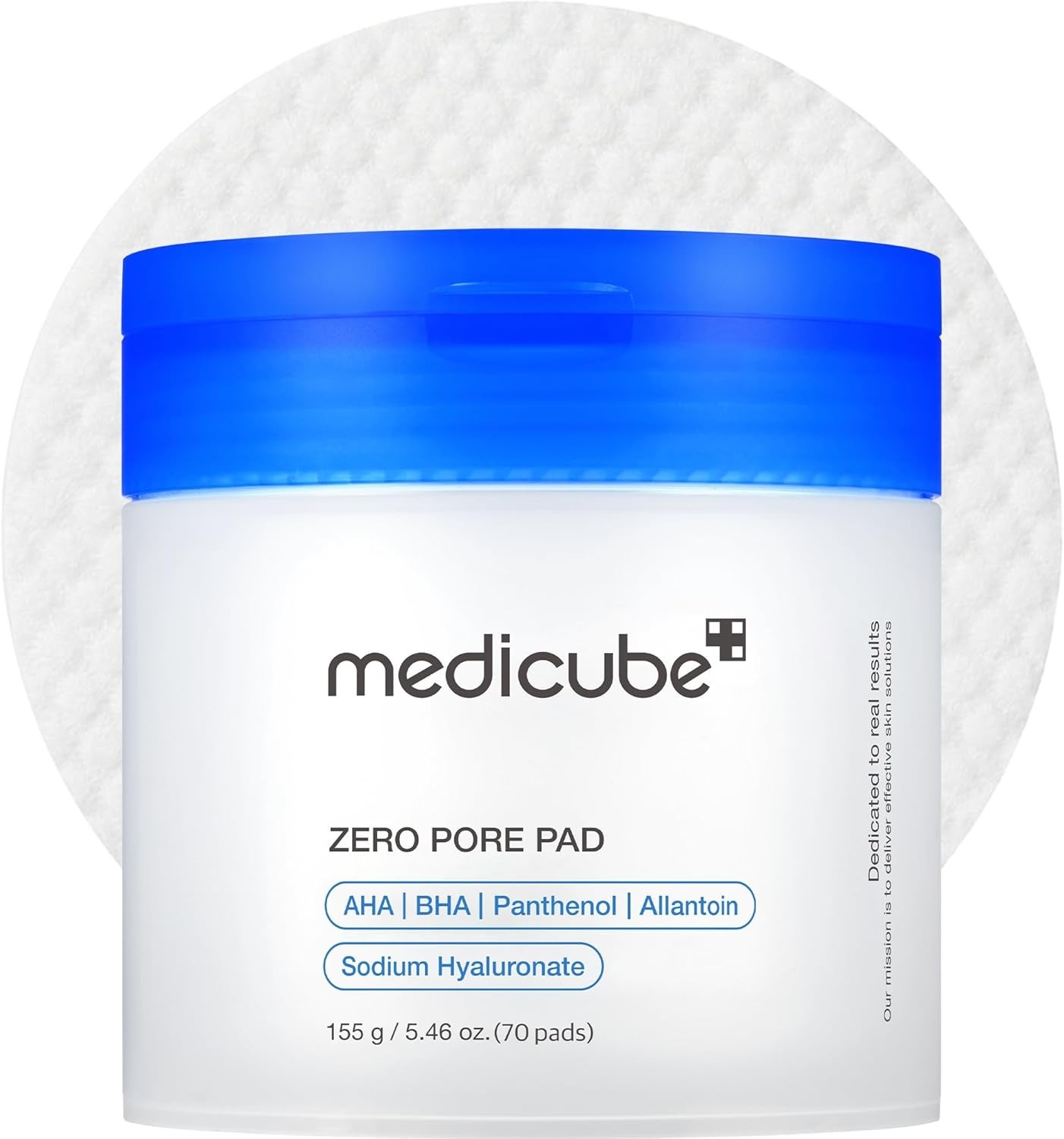 Container of Medicube Zero Pore Pad with labels for AHA, BHA, Panthenol, Allantoin, and Sodium Hyaluronate, on a white background