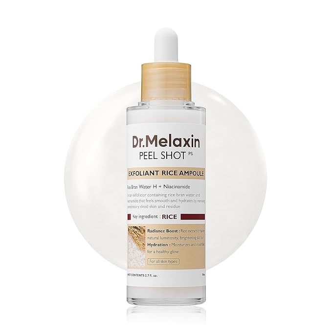 Dr. Melaxin Peel Shot Exfoliant Rice Ampoule bottle with a dropper, featuring Rice as a key ingredient for radiance and hydration. Suitable for all skin types