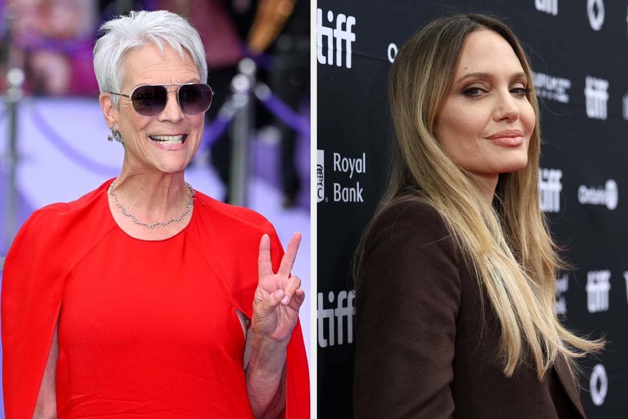 Split image of Jamie Lee Curtis wearing a red gown and throwing up a peace sign, Angelina Jolie in a brown jacket.