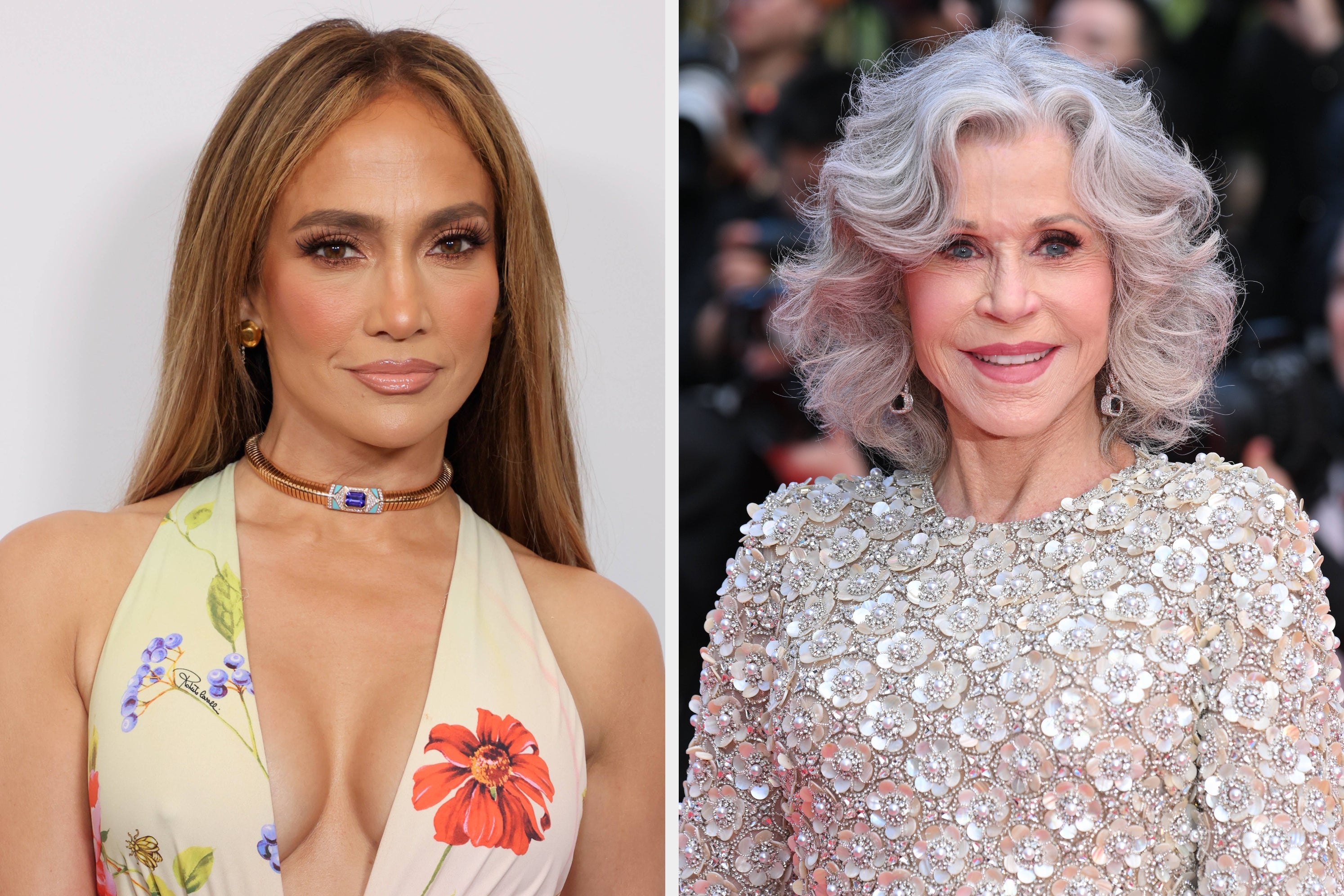 Split image of Jennifer Lopez in a floral gown and Jane Fonda in a beaded gown.