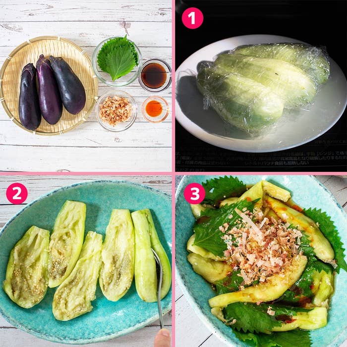 1. ナスがラップに包まれている。2. ナスが皿に盛られている。3. 調理済みのナス料理が皿に盛られている。