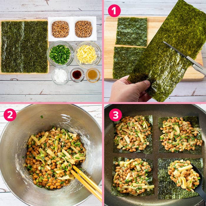 納豆と海苔のレシピ手順。1. 海苔を切る。2. 納豆、ネギ、チーズを混ぜる。3. 海苔に具材をのせて調理。
