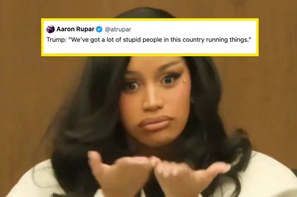 Person making a confused gesture, with a tweet above quoting Trump on having "a lot of stupid people" running things