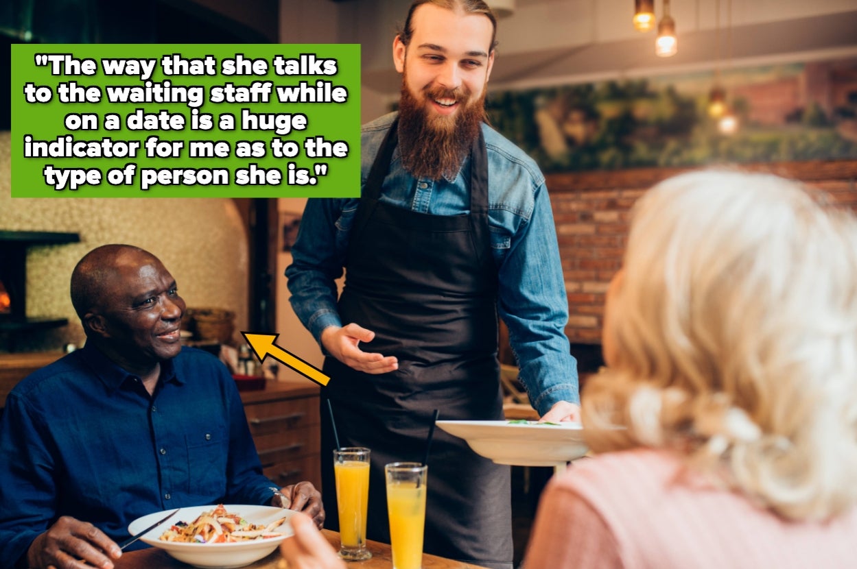 A man in a restaurant observes a server talking to a woman on a date. A quote highlights the importance of her interaction with the staff