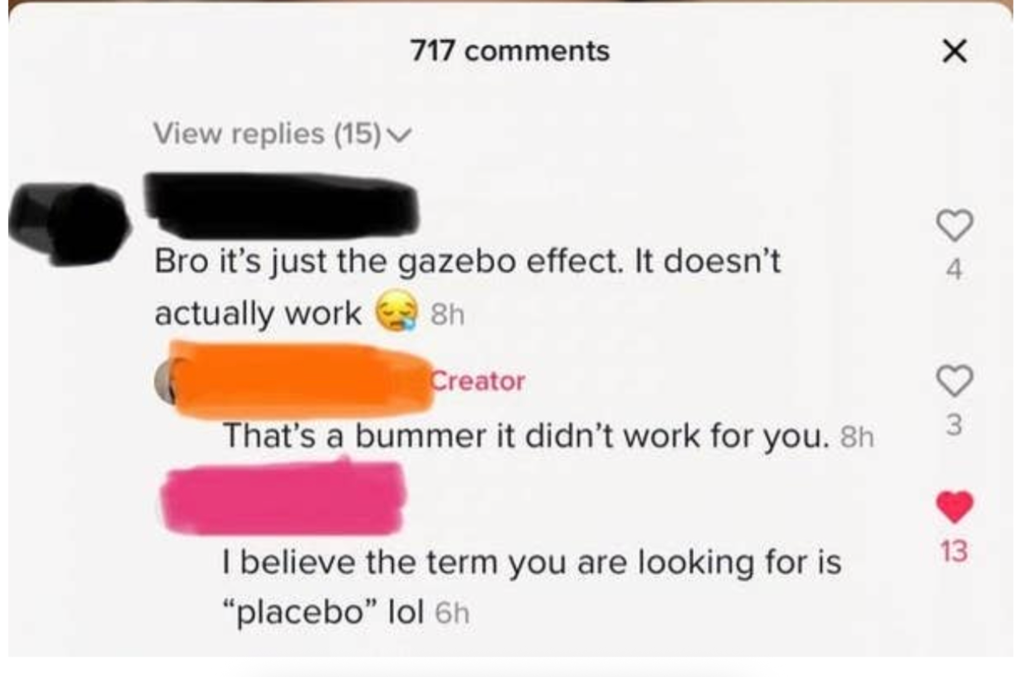 Social media remark  thread humorously corrects "gazebo effect" to "placebo."