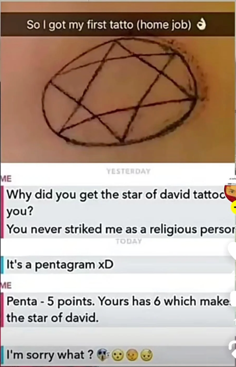 Screenshot of a text conversation discussing a tattoo. A person mistakenly identifies a six-pointed star tattoo as a pentagram
