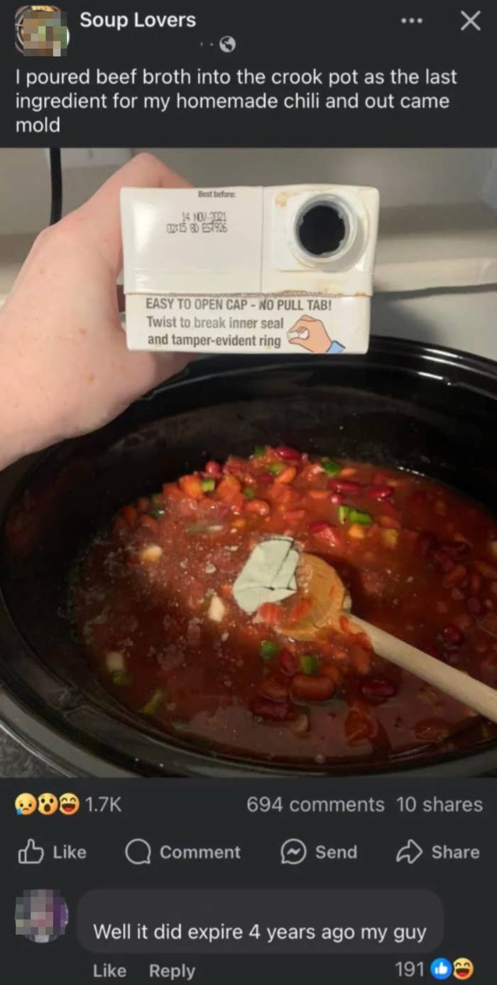 Facebook post showing a crockpot with chili, a hand holding expired beef broth, and a humorous comment about the broth being expired for four years