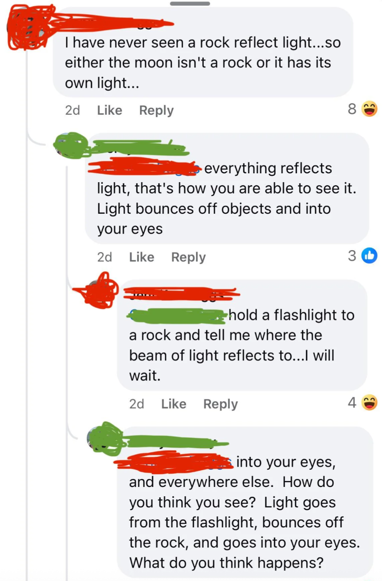 Social media comments debate whether a rock reflects light, with threads discussing light behavior and how we perceive objects