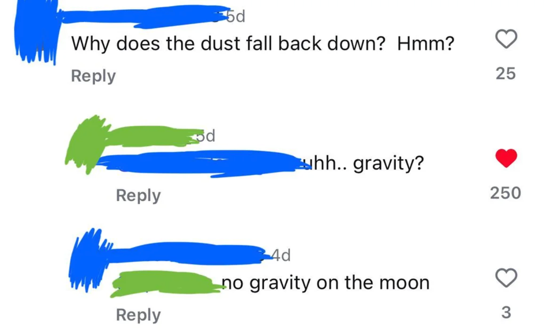 A social media exchange discussing gravity, with one user questioning why dust falls and another pointing out gravity, followed by a misconception about the moon