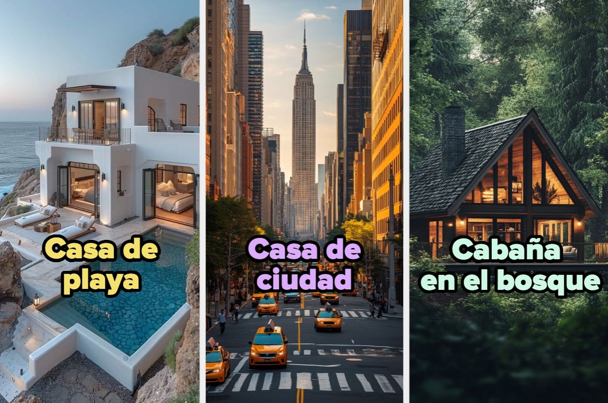 Beach house with pool, city apartment overlooking a busy street, and a cabin in the forest