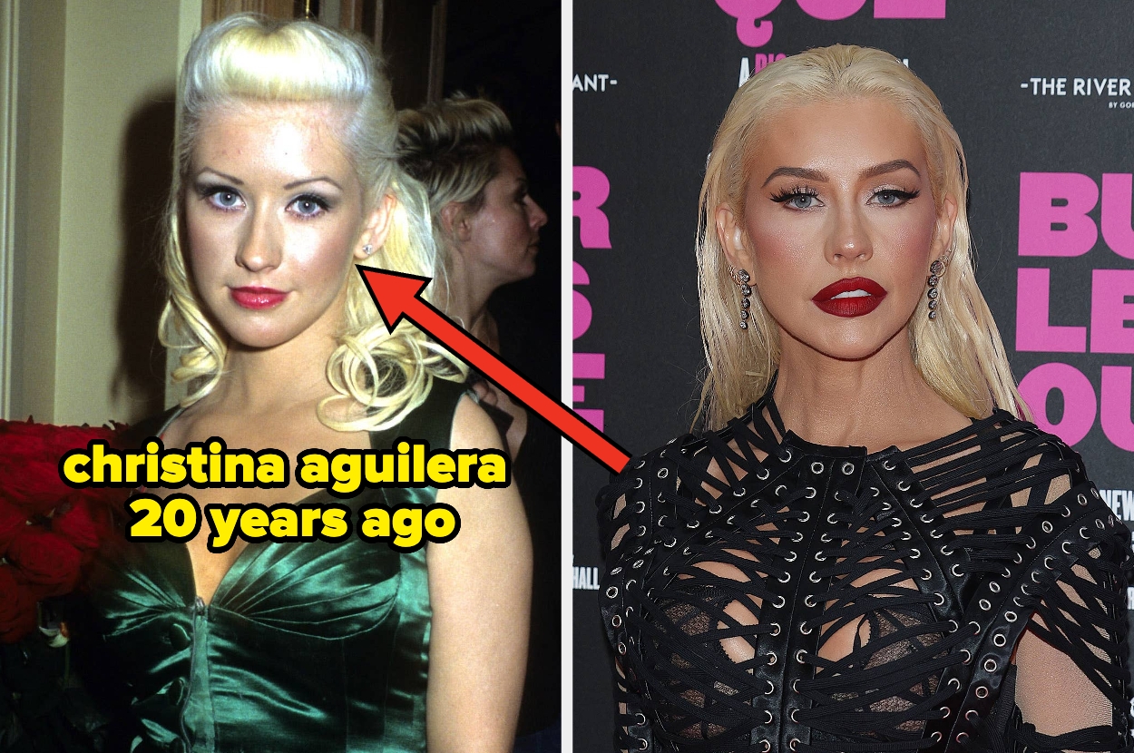 Two side-by-side photos of a woman on the red carpet: one from 20 years ago and a recent one. She wears stylish, glamorous outfits