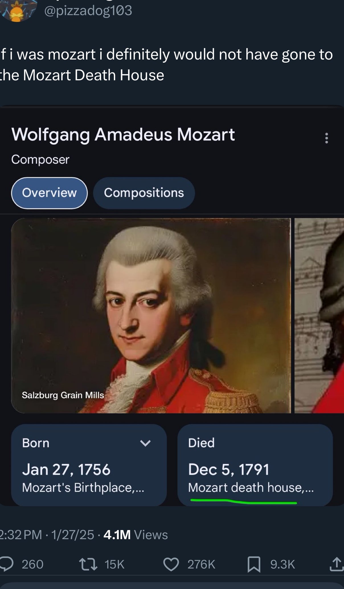 Social media station  joking astir  Mozart's birthplace and decease  location   with a related representation  showing commencement  and decease  details