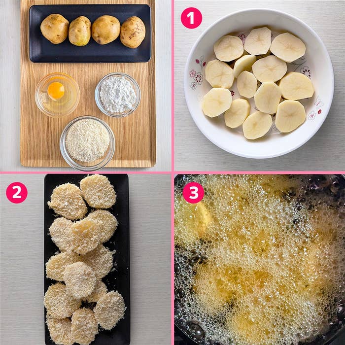 1. ボウルに皮をむいたじゃがいも。2. パン粉をまぶしたじゃがいも。3. じゃがいもを揚げている様子。