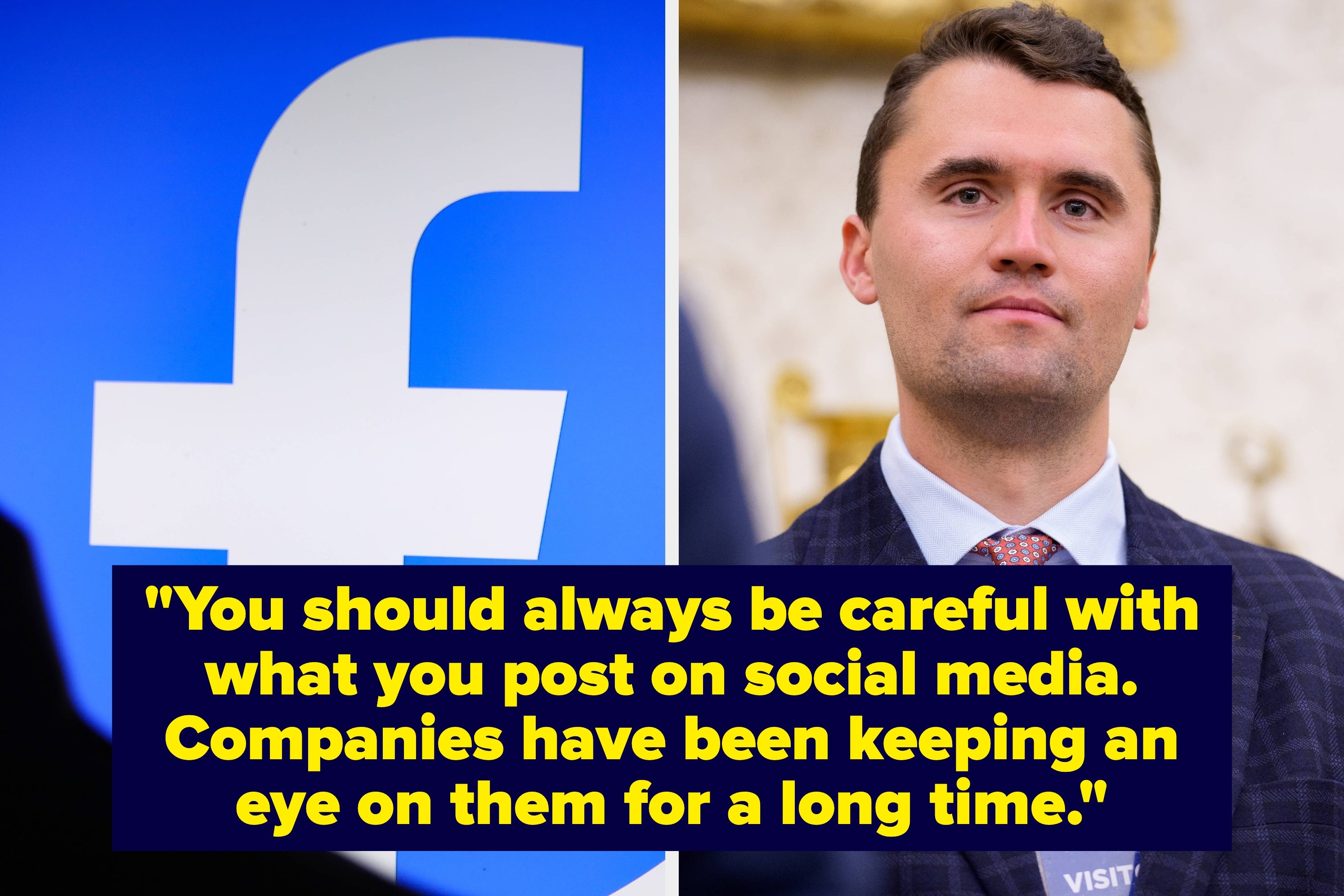 Man in a suit near Facebook logo; quote warns about social media vigilance and company scrutiny