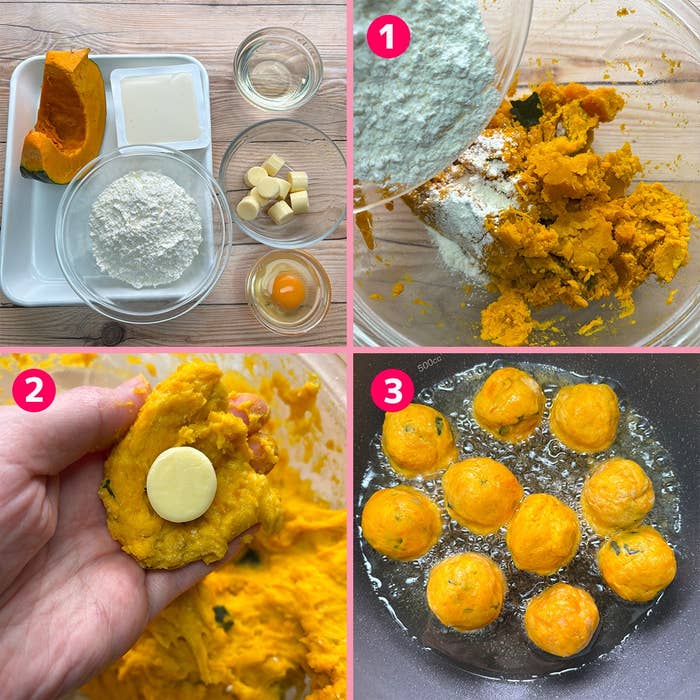 1. かぼちゃの材料とパン粉のボウル。
2. 手でかぼちゃ生地を形成しチーズを挟む。
3. 油で揚げる様子。