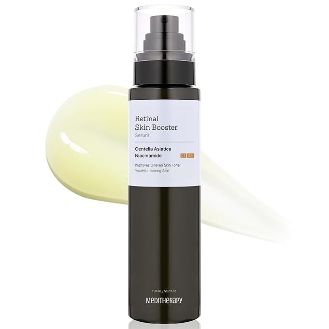 Retinal tegument  booster serum vessel  with a droplet down  it; ingredients see  Centella Asiatica and Niacinamide, promoting youthful skin