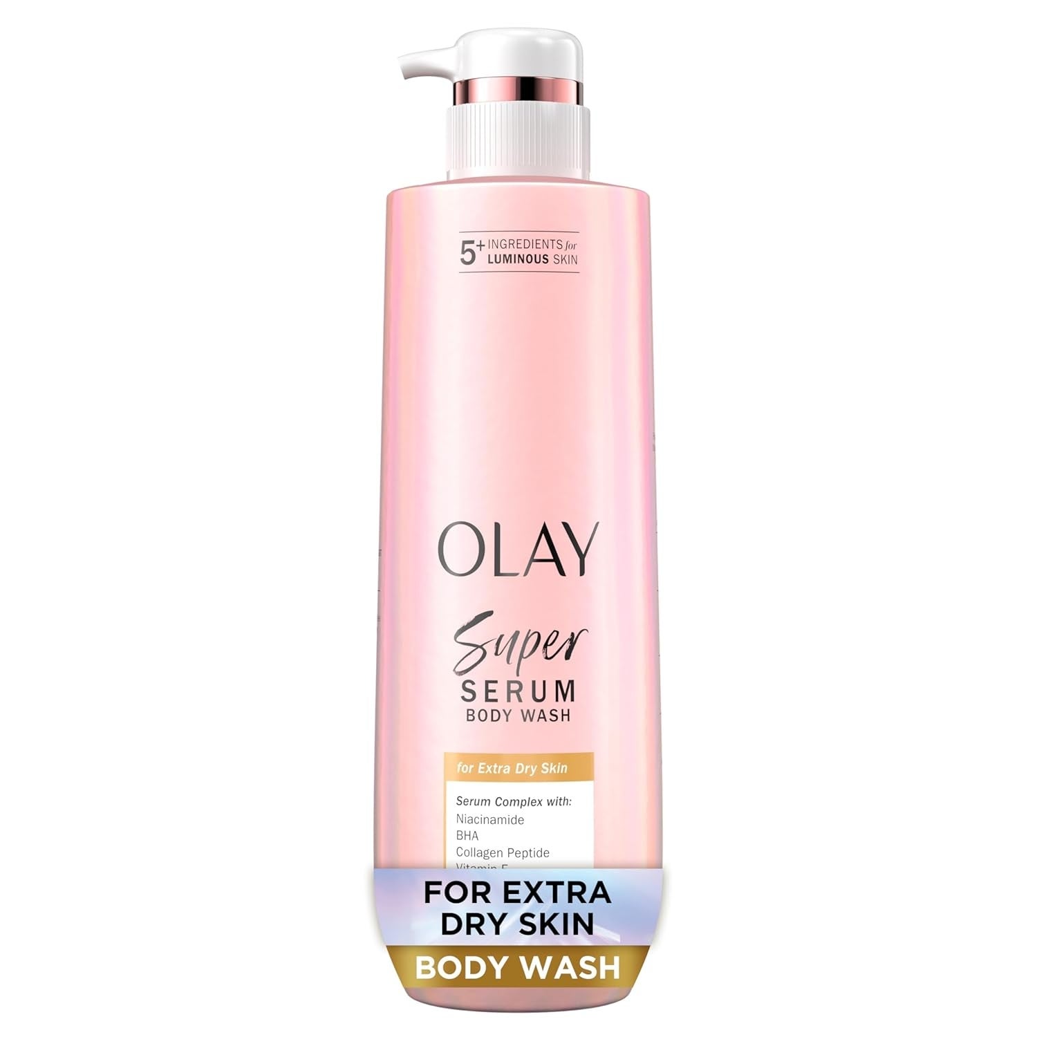 Olay Super Serum Body Wash bottle, labeled for extra dry skin; features niacinamide, B3+, and collagen peptide