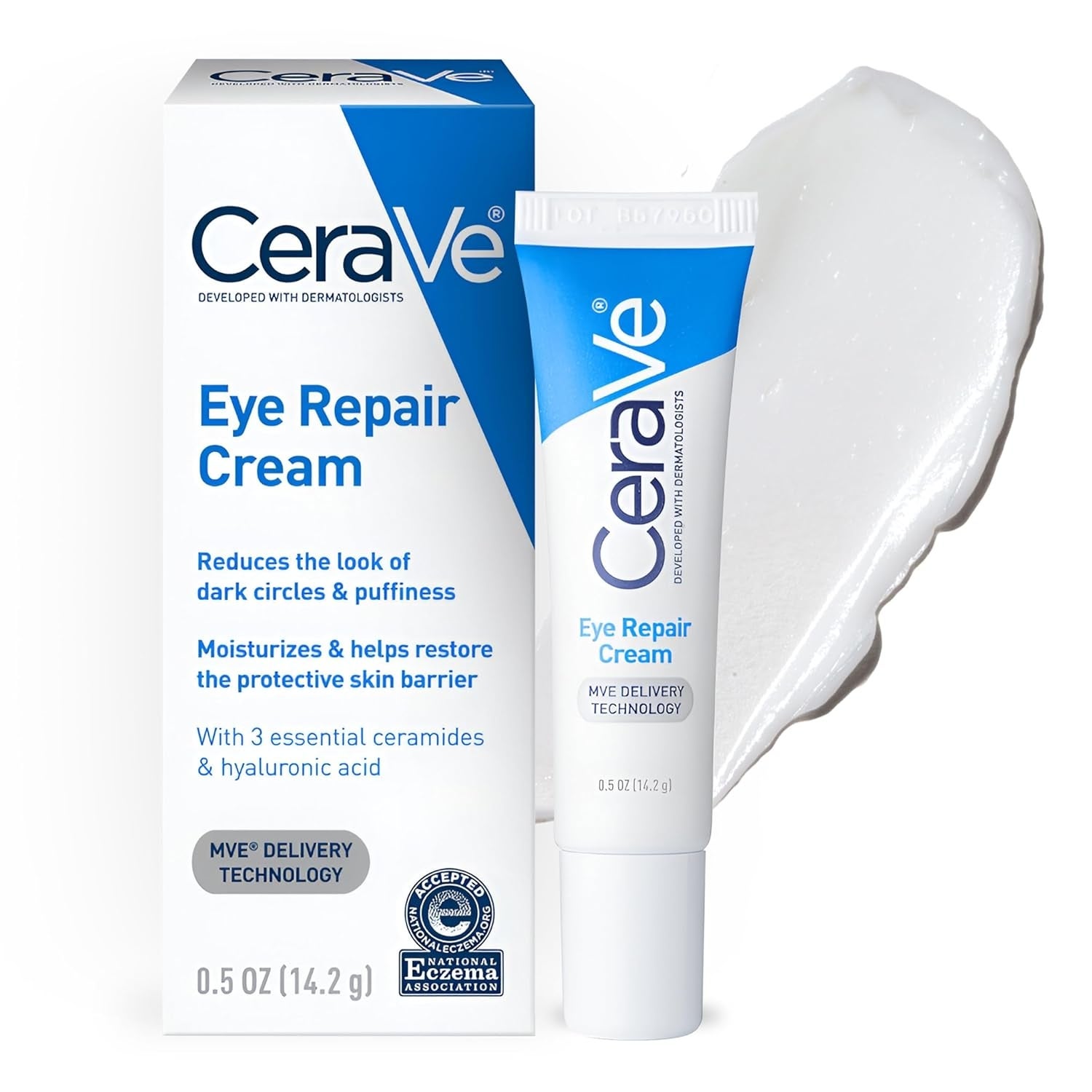 CeraVe Eye Repair Cream tube with box, highlighting benefits like reducing dark circles and puffiness, with essential ceramides and hyaluronic acid