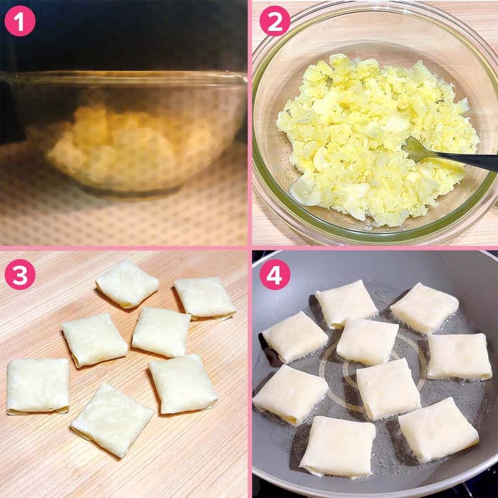 4ステップの料理手順。1:ジャガイモを電子レンジで加熱。2:潰す。3:四角に形成。4:フライパンで焼く。