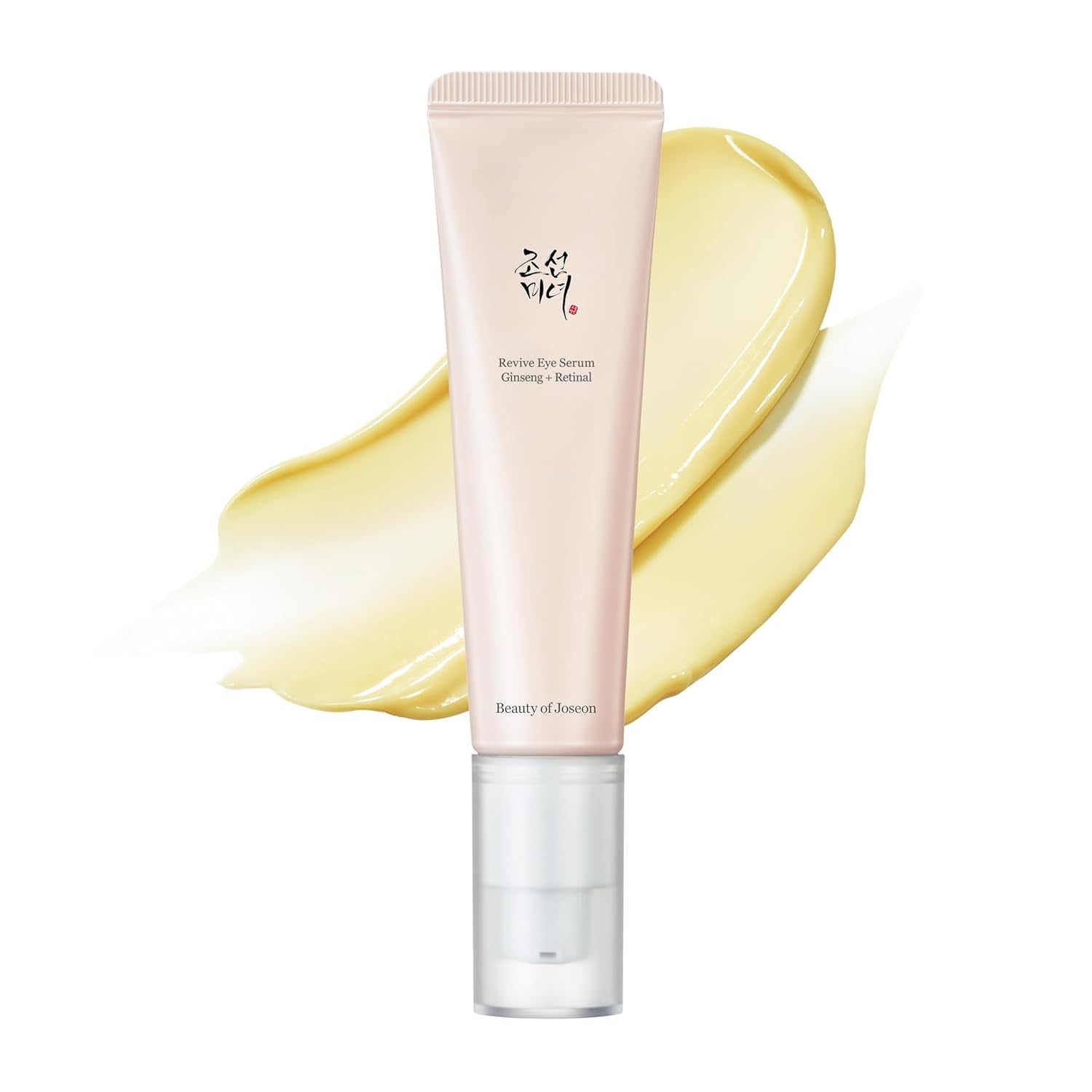 Beauty of Joseon Revive Eye Serum with Ginseng and Retinol, shown with a smear of its creamy texture in the background. 