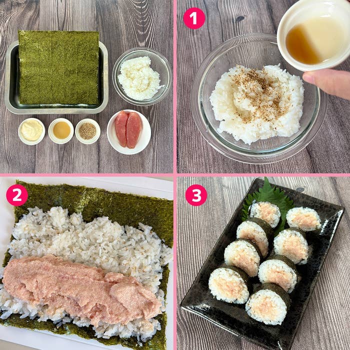 画像は明太マヨのり巻きの手順を示しています。1. 材料準備、2. ご飯と具材をのりにのせる、3. 巻き寿司を完成。