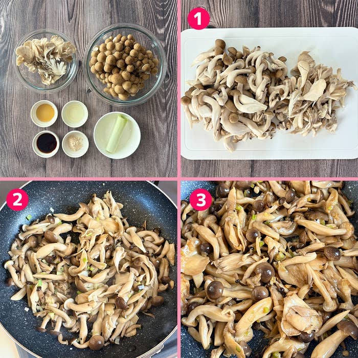 きのこ料理の手順。1. きのこと調味料の準備。2. フライパンで調理中。3. 完成したきのこの炒め物。