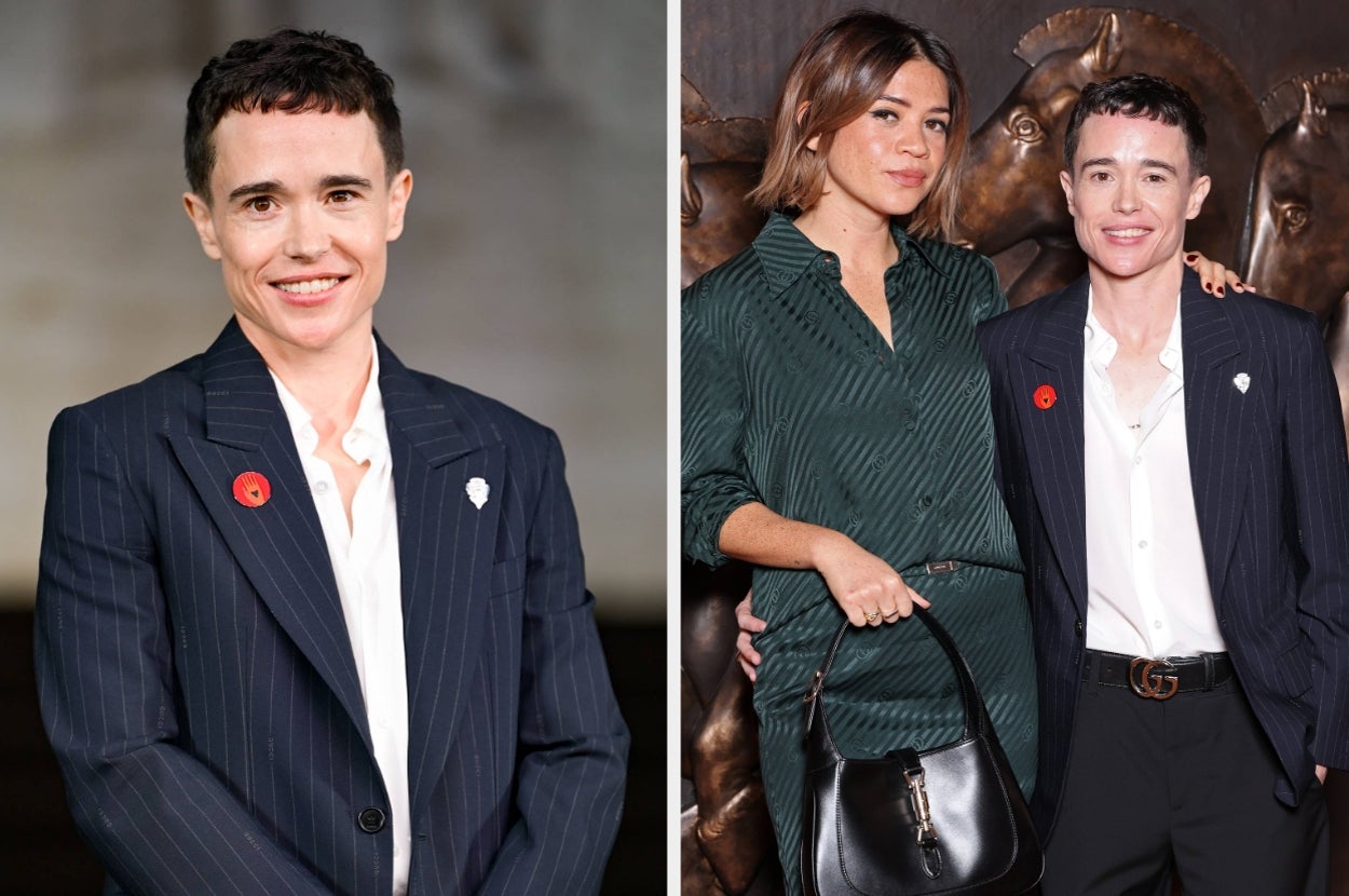 Two images: Person in a pinstripe suit, white shirt, and pin. Second: Same person with another individual, both smiling, dressed in stylish outfits