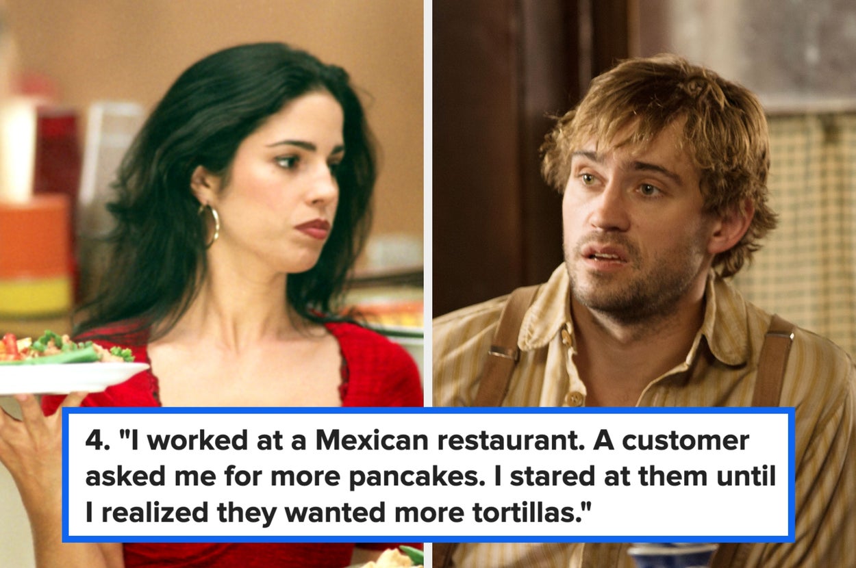 Two women in a restaurant setting; left holds a tray, right talks animatedly. Text recounts a humorous misunderstanding between pancakes and tortillas