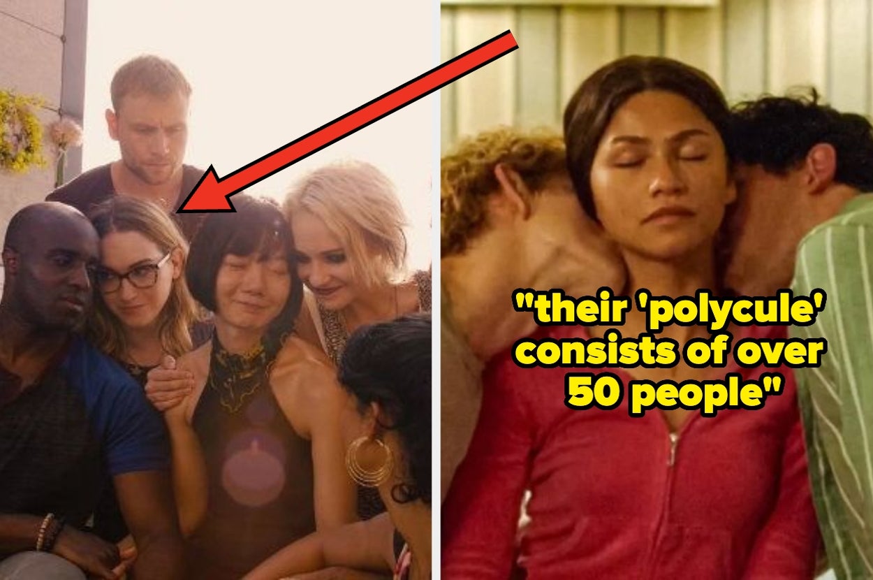 Group of people hugging closely; another image shows a person surrounded by others, text says their "polycule" has over 50 people