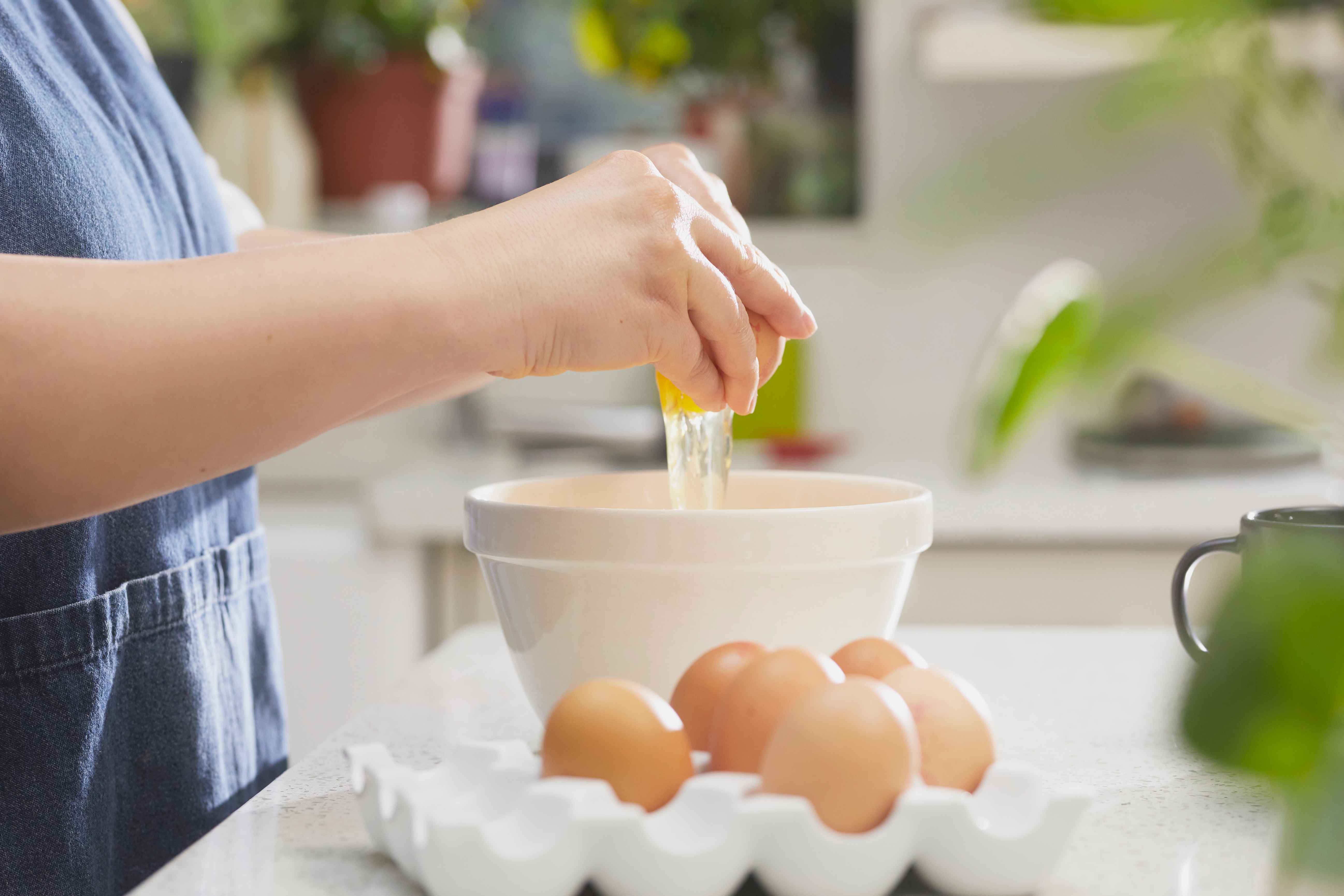Person cracking an egg into a mixing bowl in a kitchen, with a carton of eggs nearby. Green plants are visible in the background